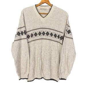 Vintage 90s Neutral Argyle Grandpa Sweater Large, Cabincore Normcore Knit